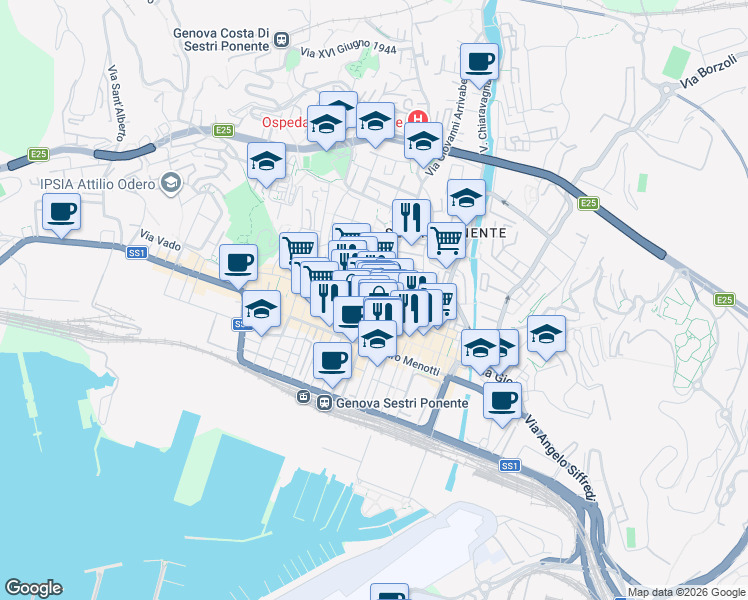 map of restaurants, bars, coffee shops, grocery stores, and more near Via Paglia in Genova