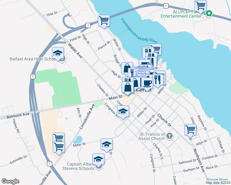 map of restaurants, bars, coffee shops, grocery stores, and more near 8 Waldo Avenue in Belfast