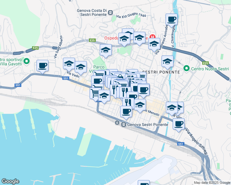 map of restaurants, bars, coffee shops, grocery stores, and more near 81 Via Alfredo D'Andrade in Genova
