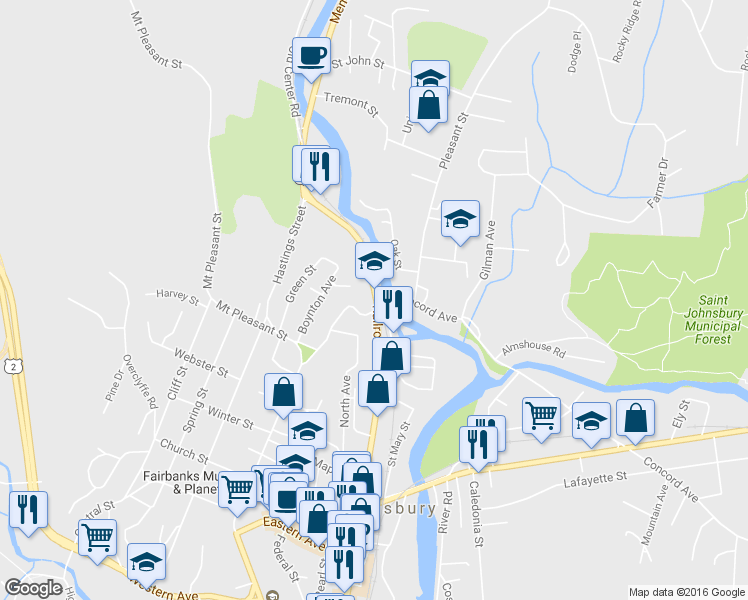 map of restaurants, bars, coffee shops, grocery stores, and more near 909 Railroad Street in Saint Johnsbury