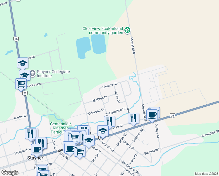 map of restaurants, bars, coffee shops, grocery stores, and more near 235 Simcoe Street in Collingwood
