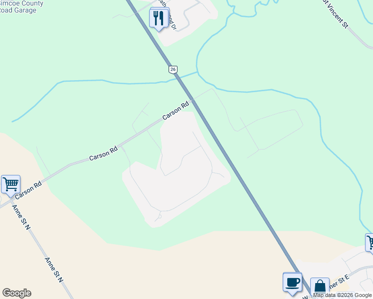 map of restaurants, bars, coffee shops, grocery stores, and more near 35 Wendat Trail in Barrie