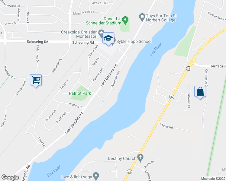 map of restaurants, bars, coffee shops, grocery stores, and more near 1829 Rainbow Avenue in De Pere