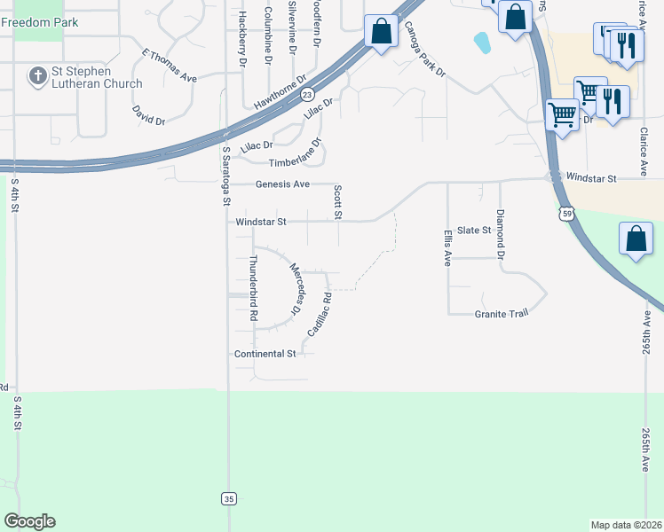 map of restaurants, bars, coffee shops, grocery stores, and more near 517 Viper Circle in Marshall