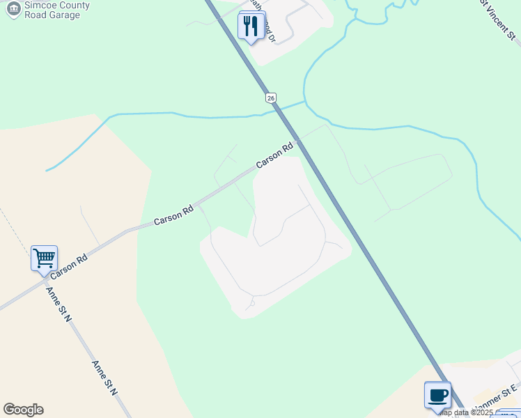 map of restaurants, bars, coffee shops, grocery stores, and more near 11 Wendat Trail in Barrie