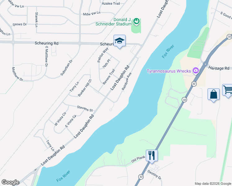 map of restaurants, bars, coffee shops, grocery stores, and more near 1850 Rainbow Avenue in De Pere