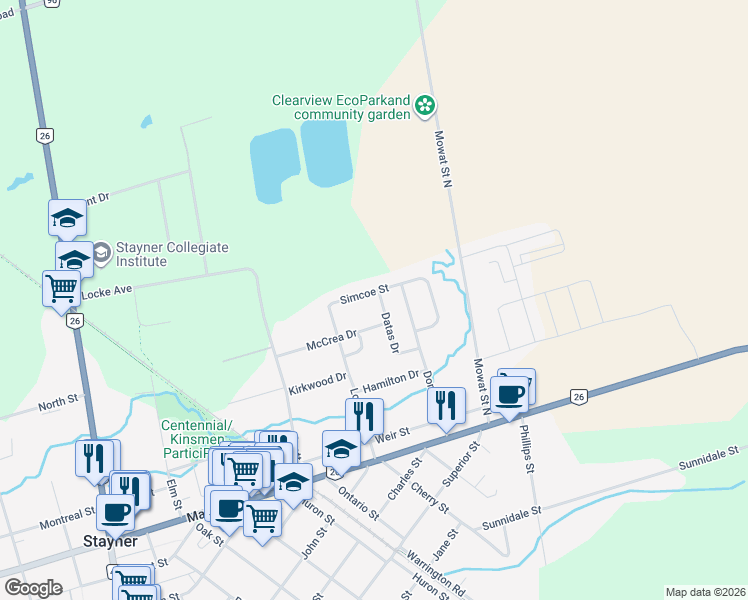 map of restaurants, bars, coffee shops, grocery stores, and more near 235 Simcoe Street in Collingwood
