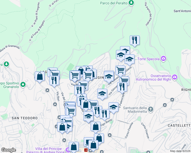 map of restaurants, bars, coffee shops, grocery stores, and more near 38 Via Vesuvio in Genova