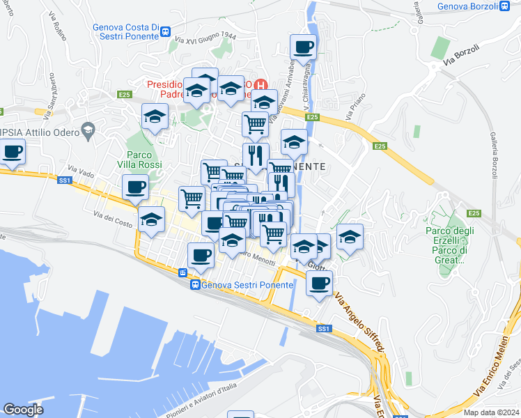 map of restaurants, bars, coffee shops, grocery stores, and more near 1 Via Girolamo di Santo Stefano in Genova