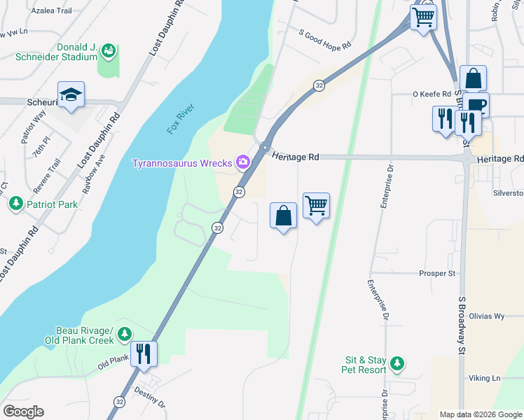 map of restaurants, bars, coffee shops, grocery stores, and more near 1782 Briarwood Court in De Pere