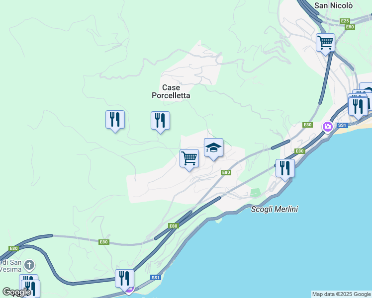 map of restaurants, bars, coffee shops, grocery stores, and more near 52A Via Campenave in Genova