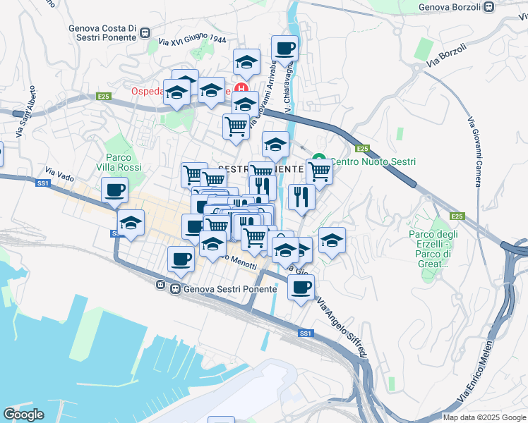 map of restaurants, bars, coffee shops, grocery stores, and more near 35 Via Chiaravagna in Genoa