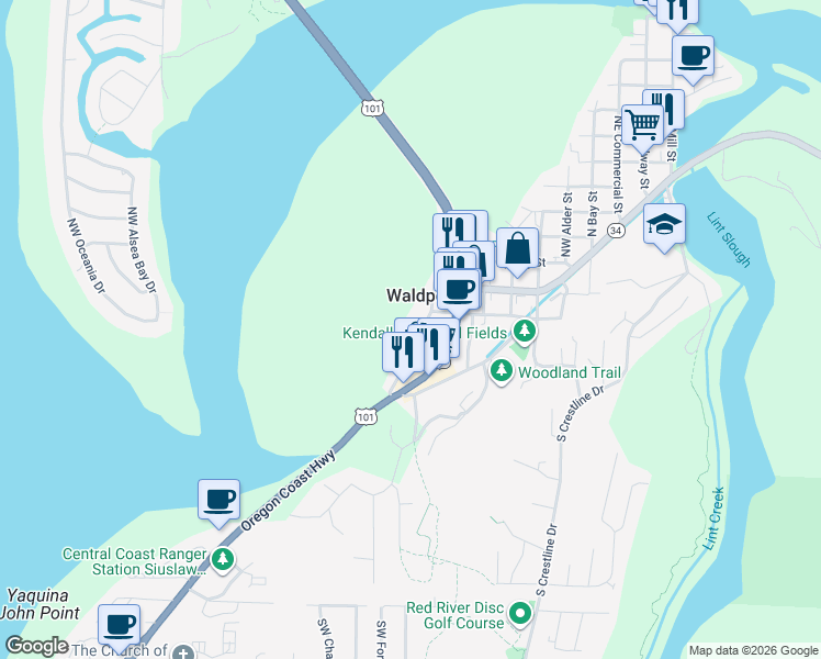 map of restaurants, bars, coffee shops, grocery stores, and more near 190 SW Maple St in Waldport