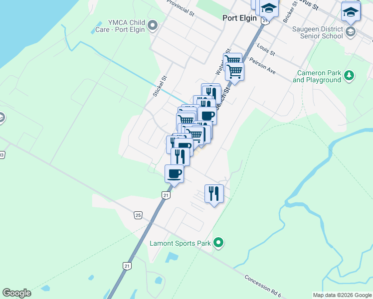map of restaurants, bars, coffee shops, grocery stores, and more near 536 Ivings Drive in Saugeen Shores