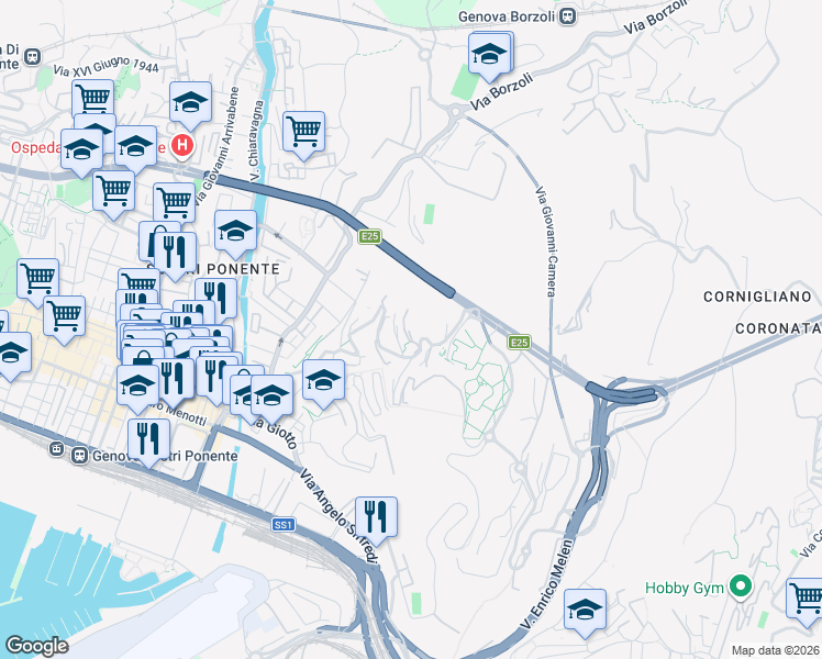 map of restaurants, bars, coffee shops, grocery stores, and more near 138 Via Antonio Sant'Elia in Genoa