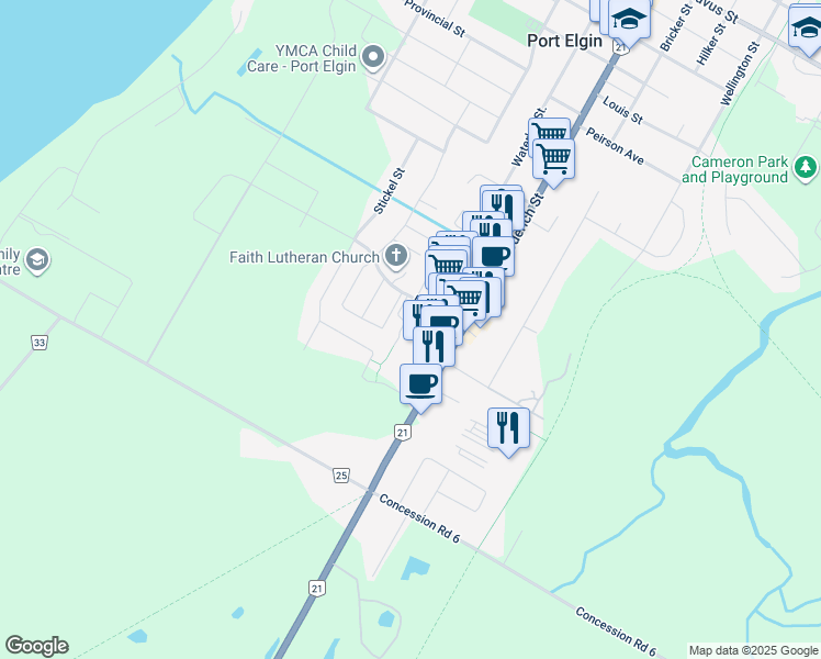 map of restaurants, bars, coffee shops, grocery stores, and more near 140 Goderich Street in Port Elgin