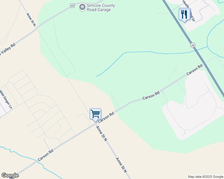 map of restaurants, bars, coffee shops, grocery stores, and more near 1224 Carson Road in Barrie