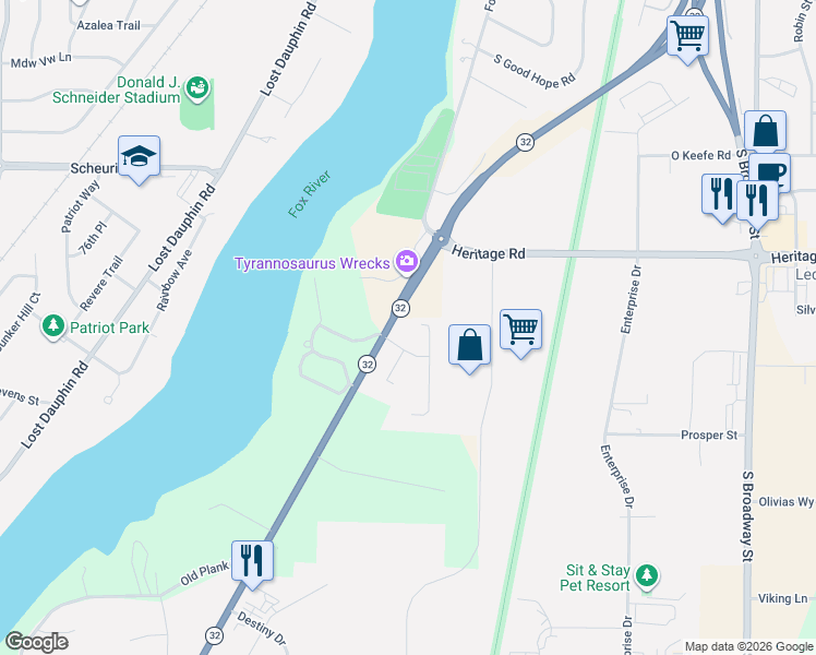 map of restaurants, bars, coffee shops, grocery stores, and more near 1782 Briarwood Court in De Pere