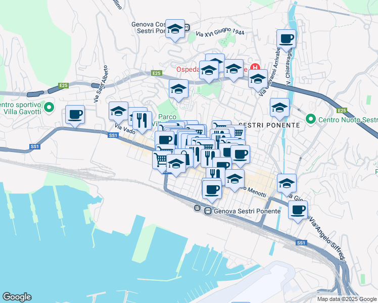 map of restaurants, bars, coffee shops, grocery stores, and more near 62 Via Sestri in Genoa