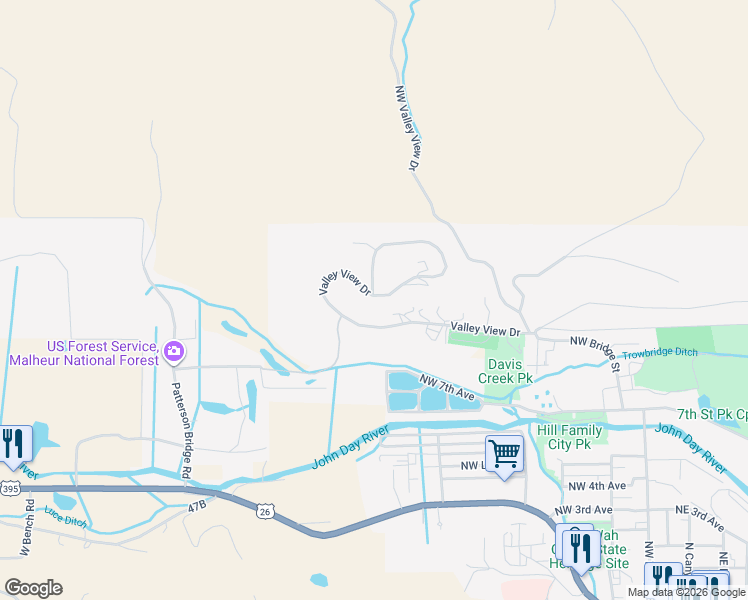 map of restaurants, bars, coffee shops, grocery stores, and more near 117 Valley View Drive in John Day