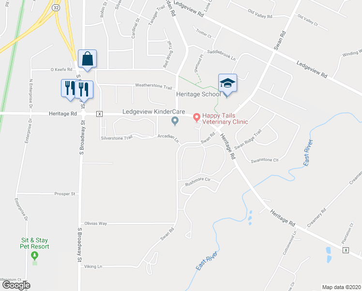 map of restaurants, bars, coffee shops, grocery stores, and more near 1631 Swan Road in De Pere