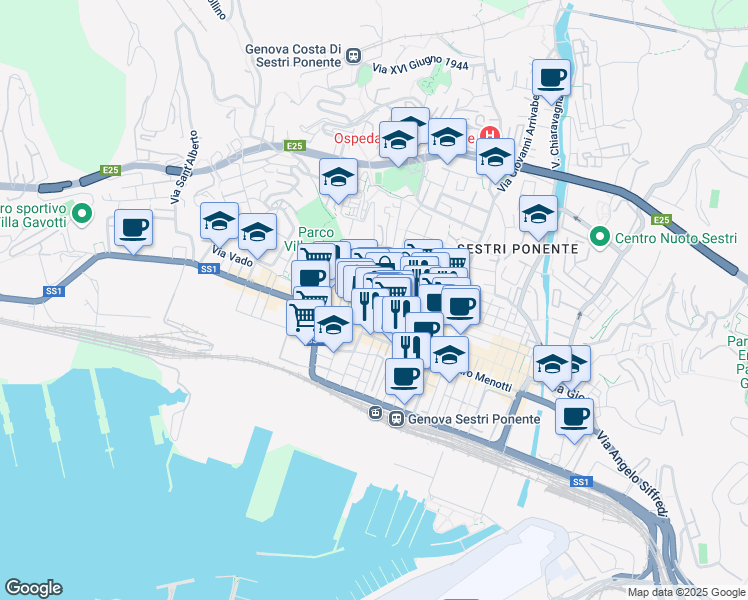 map of restaurants, bars, coffee shops, grocery stores, and more near 81 Via Alfredo D'Andrade in Genova