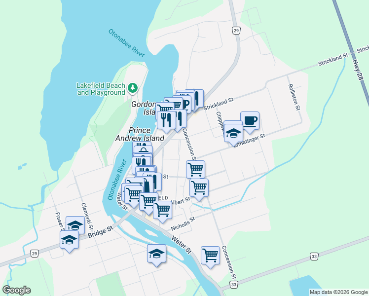 map of restaurants, bars, coffee shops, grocery stores, and more near 40 Rabbit Street in Lakefield