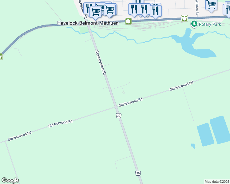 map of restaurants, bars, coffee shops, grocery stores, and more near 12 Concession Street in Havelock-Belmont-Methuen