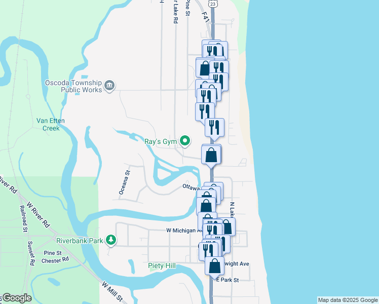 map of restaurants, bars, coffee shops, grocery stores, and more near 4950 Cedar Lake Road in Oscoda