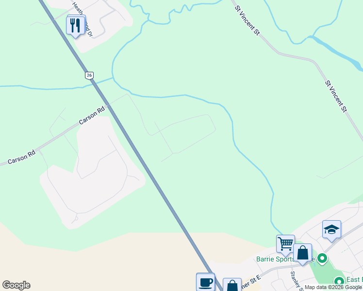 map of restaurants, bars, coffee shops, grocery stores, and more near 37 Paddy Dunn's Circle in Barrie