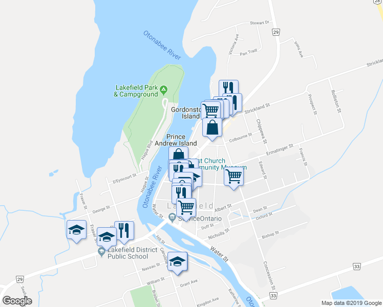 map of restaurants, bars, coffee shops, grocery stores, and more near 82 Queen Street in Lakefield