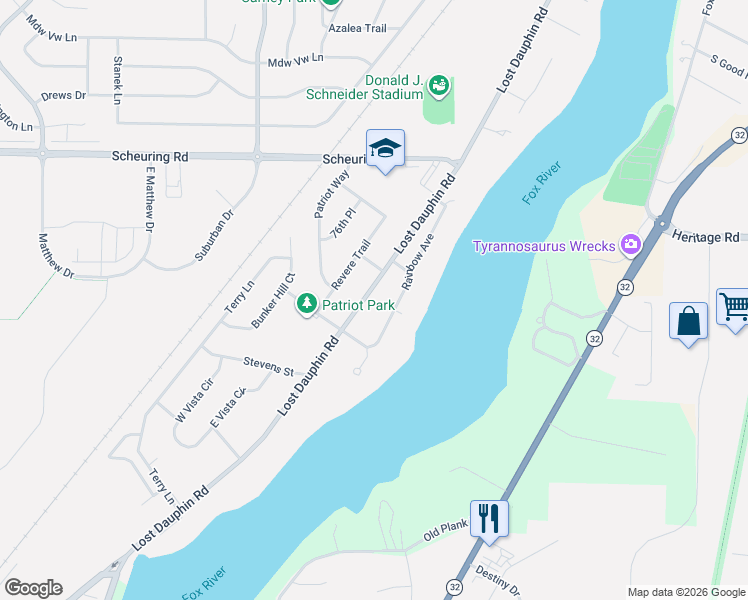 map of restaurants, bars, coffee shops, grocery stores, and more near 1850 Rainbow Avenue in De Pere