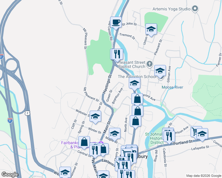 map of restaurants, bars, coffee shops, grocery stores, and more near 79 Boynton Avenue in Saint Johnsbury