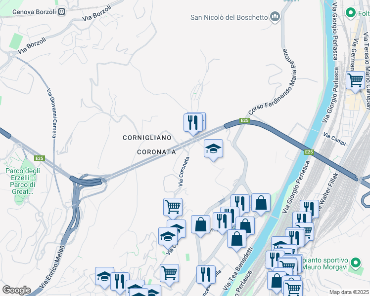 map of restaurants, bars, coffee shops, grocery stores, and more near 4A Via Ospedale di San Raffaele in Genova
