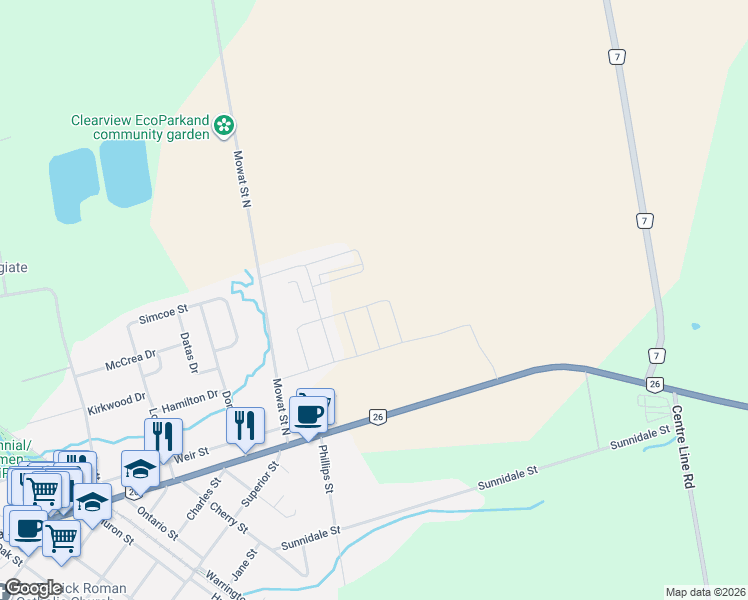map of restaurants, bars, coffee shops, grocery stores, and more near 262 Springfield Crescent in Stayner