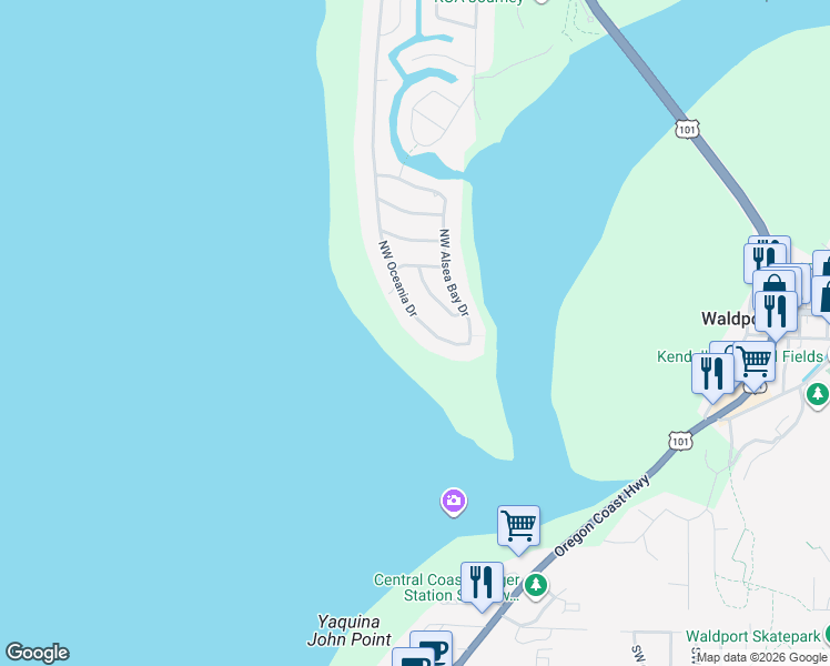 map of restaurants, bars, coffee shops, grocery stores, and more near 34 Northwest Oceania Drive in Waldport