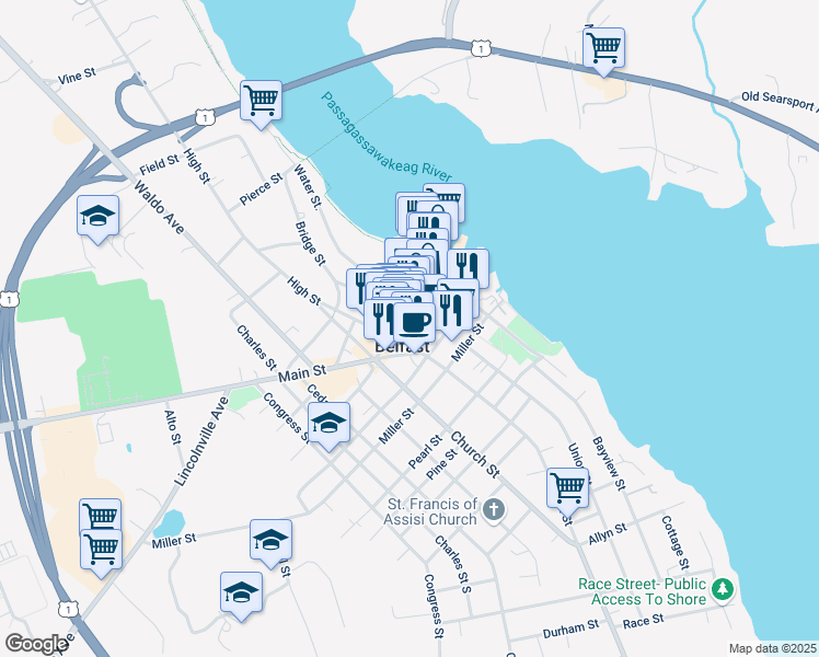 map of restaurants, bars, coffee shops, grocery stores, and more near 28 Main Street in Belfast