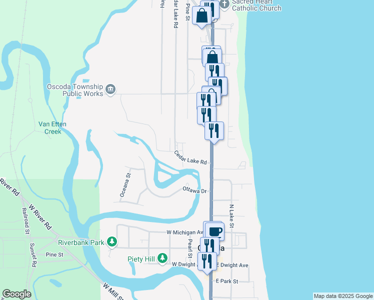 map of restaurants, bars, coffee shops, grocery stores, and more near 4950 Cedar Lake Road in Oscoda