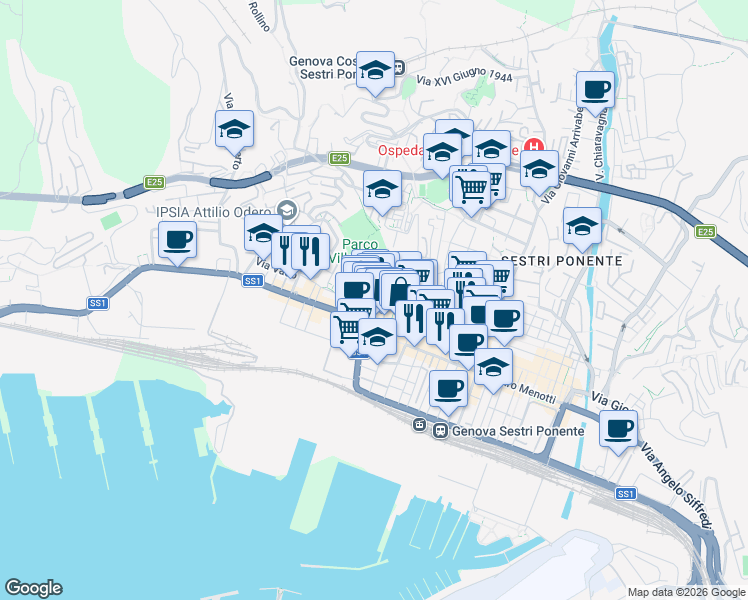 map of restaurants, bars, coffee shops, grocery stores, and more near 5 Piazza Albertina in Genova