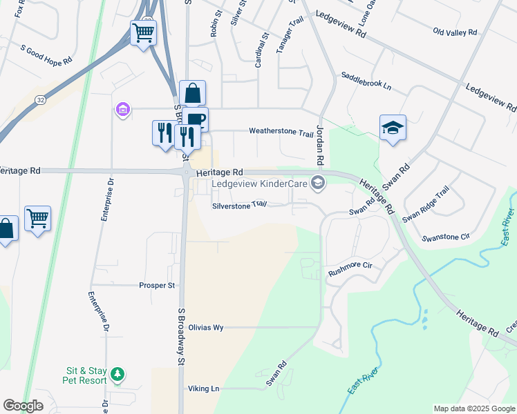 map of restaurants, bars, coffee shops, grocery stores, and more near 1415 Arcadian Lane in De Pere
