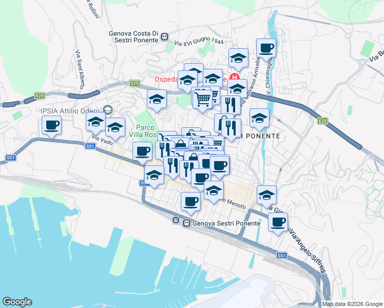 map of restaurants, bars, coffee shops, grocery stores, and more near Via Fabio da Persico in Genoa