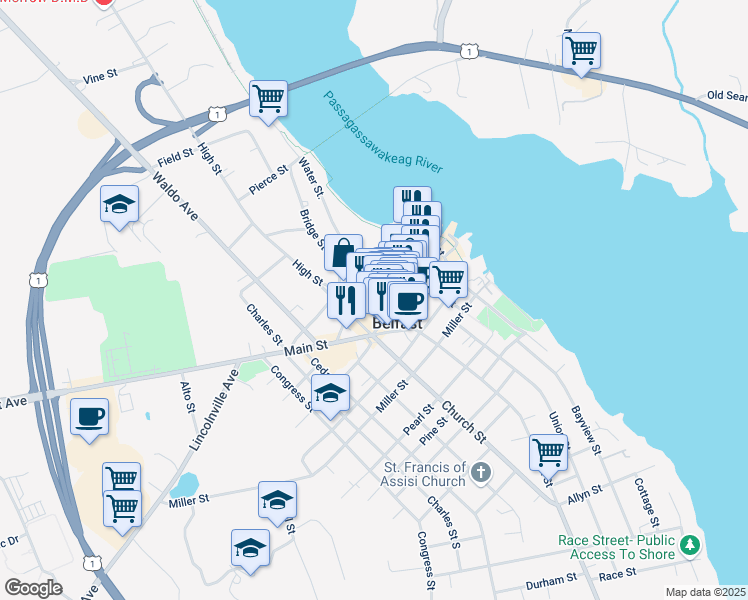 map of restaurants, bars, coffee shops, grocery stores, and more near 29 Washington Street in Belfast