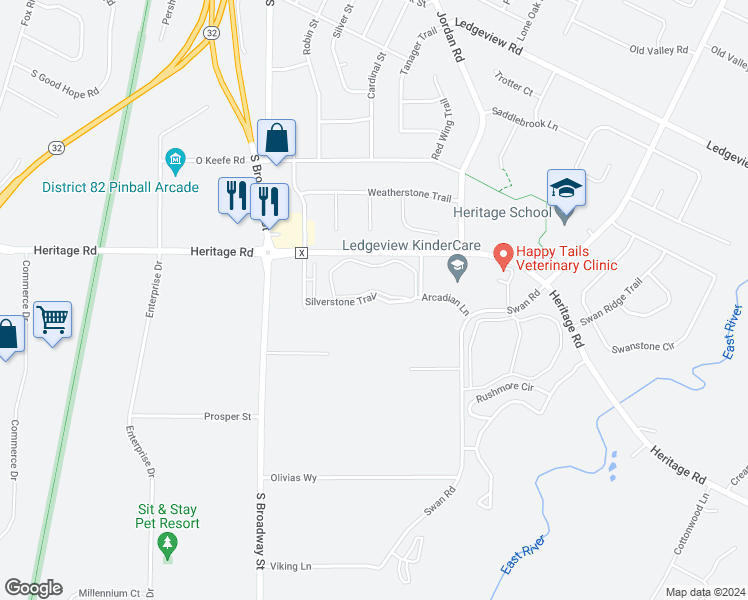 map of restaurants, bars, coffee shops, grocery stores, and more near 1415 Arcadian Lane in De Pere