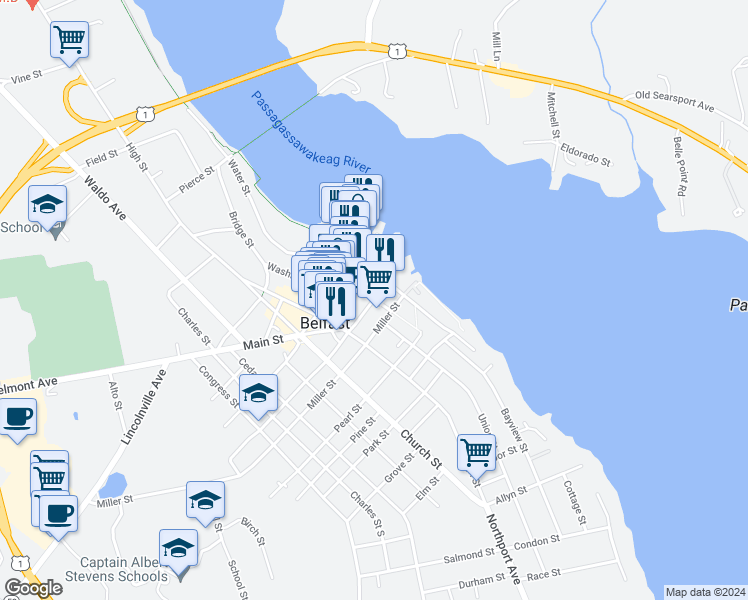 map of restaurants, bars, coffee shops, grocery stores, and more near Cross Street in Belfast