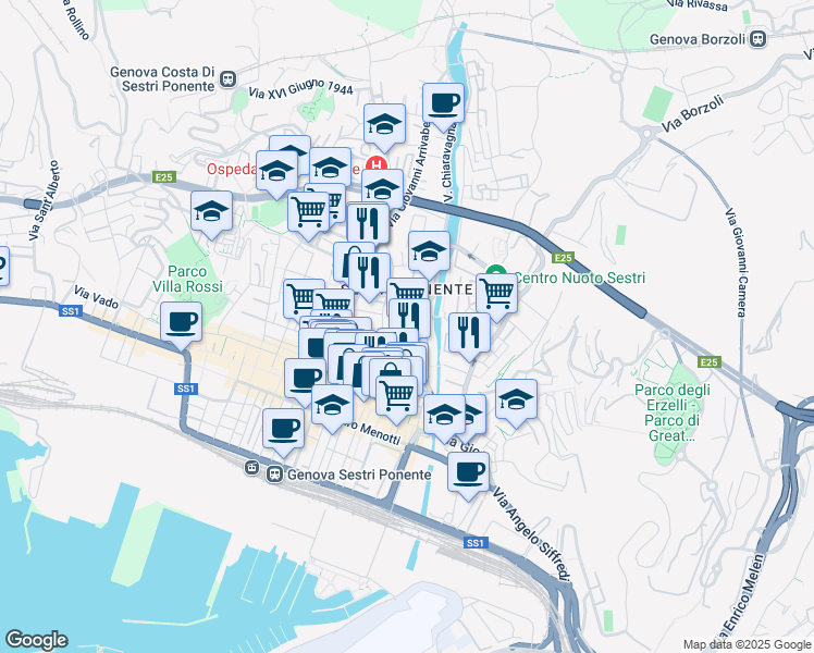 map of restaurants, bars, coffee shops, grocery stores, and more near in Genoa