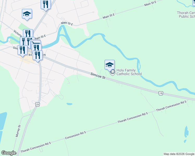 map of restaurants, bars, coffee shops, grocery stores, and more near 653 Simcoe Street in Brock