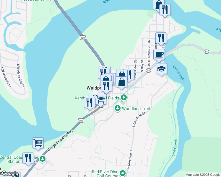 map of restaurants, bars, coffee shops, grocery stores, and more near 545 Northwest Hemlock Street in Waldport