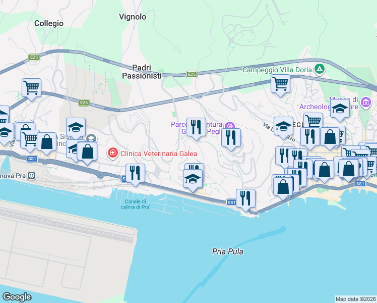 map of restaurants, bars, coffee shops, grocery stores, and more near 28 Via Gavino Antonio in Genova