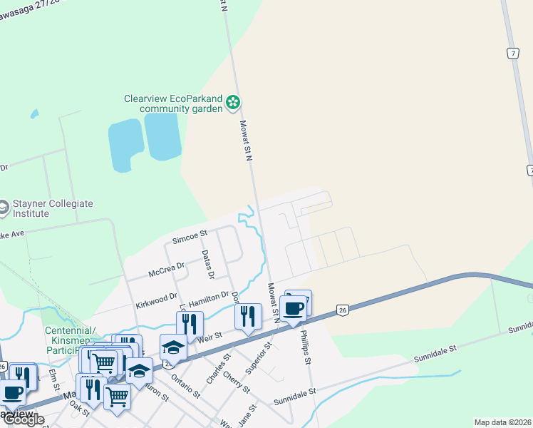map of restaurants, bars, coffee shops, grocery stores, and more near 205 Prescott Drive in Clearview