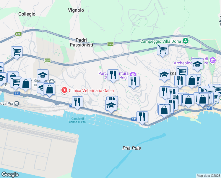 map of restaurants, bars, coffee shops, grocery stores, and more near 28 Via Gavino Antonio in Genova